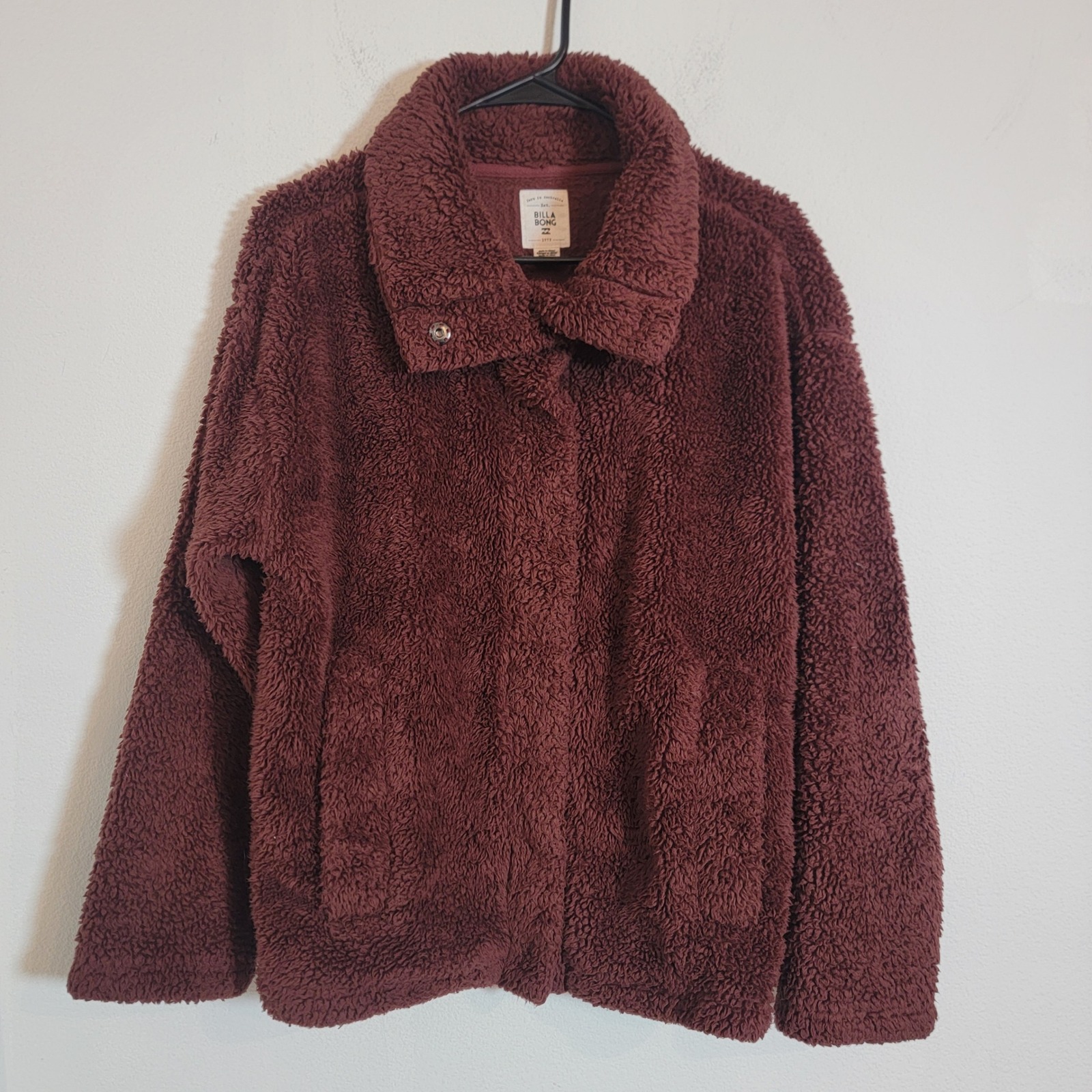 Billabong Womens Burgundy Sherpa Fleece Full Zip Collared Jacket Small Maroon